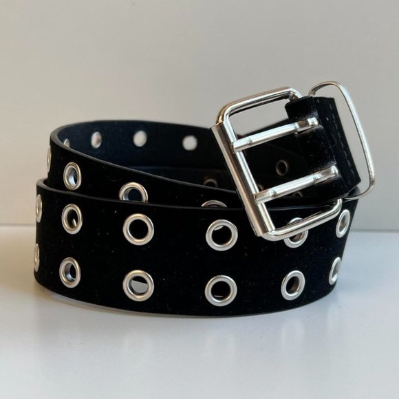 Y2K 2000s round studded black and silver velour grunge emo belt - Picture 6 of 8